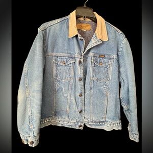 VTG Wrangler Blanket Lined Denim Western Cowboy Jacket Corduroy Collar Size Lg